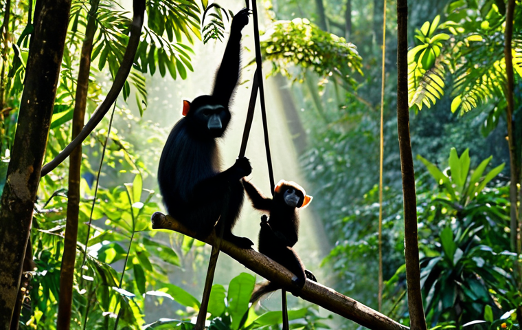 Laotian Forest Scene**

"A family of gibbons with black crests swinging through a lush Laotian rainforest, sunlight filtering through the canopy, fully clothed, safe for work, appropriate content, perfect anatomy, correct proportions, natural pose, well-formed hands, proper finger count, natural body proportions, professional nature photography, high quality, family-friendly."

**