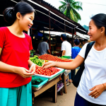 Home 8 Avoiding Scams at a Market**
"A fully clothed female tourist in modest travel clothes (long pants, t-shirt) politely but firmly negotiating a price with a friendly-looking Laotian vendor at a bustling, colorful open-air market in Luang Prabang. The vendor is offering handicrafts. Focus on the interaction and the vibrant market atmosphere. Appropriate attire, safe for work, professional photography, perfect anatomy, correct proportions, well-formed hands, natural pose, family-friendly, high quality."
**