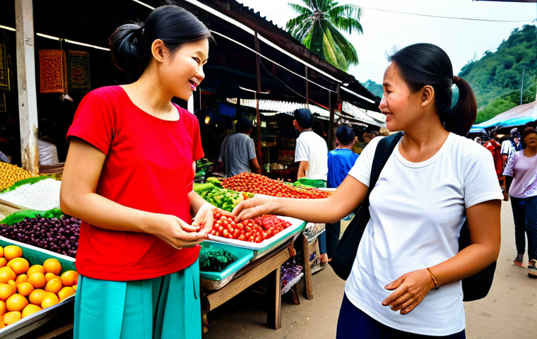 Avoiding Scams at a Market**
"A fully clothed female tourist in modest travel clothes (long pants, t-shirt) politely but firmly negotiating a price with a friendly-looking Laotian vendor at a bustling, colorful open-air market in Luang Prabang. The vendor is offering handicrafts. Focus on the interaction and the vibrant market atmosphere. Appropriate attire, safe for work, professional photography, perfect anatomy, correct proportions, well-formed hands, natural pose, family-friendly, high quality."
**