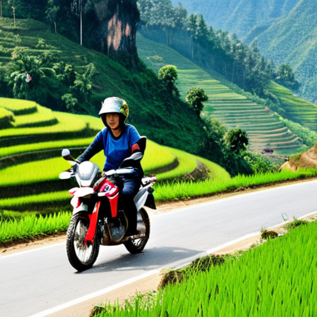 Northern Laos Mountain Road**
"A fully clothed female traveler on a Honda CRF250L, riding on a winding mountain road in Northern Laos, safe for work, appropriate content. She is wearing a helmet and modest riding gear. Lush green scenery, terraced rice paddies in the background. Daytime, clear sky. Perfect anatomy, correct proportions, professional, family-friendly travel photography, high quality."
**