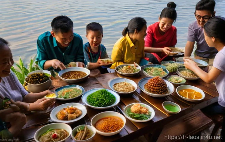 라오스와 태국 음식 비교 - Prompt 1: A Lively Culinary Gathering by the Mekong** 라오스와 태국 음식 비교 - Prompt 1: A Lively Culinary Gathering by the Mekong**
