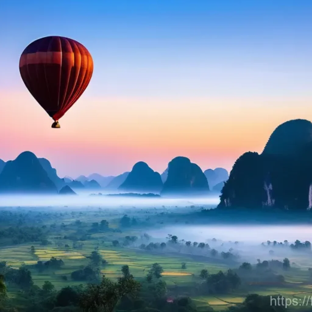 라오스 방비엥 핫에어벌룬 - **"Magic Dawn Ascent over Laos Karsts"**
A wide-angle, high-definition photograph captured from ...