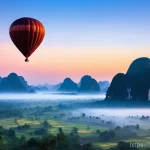 Home 5 라오스 방비엥 핫에어벌룬 - **"Magic Dawn Ascent over Laos Karsts"**
A wide-angle, high-definition photograph captured from ...