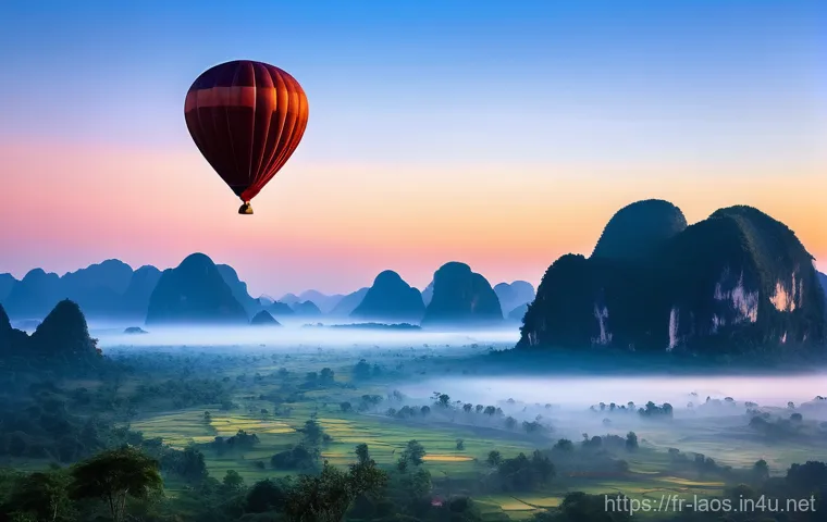 라오스 방비엥 핫에어벌룬 - **"Magic Dawn Ascent over Laos Karsts"**
A wide-angle, high-definition photograph captured from ...