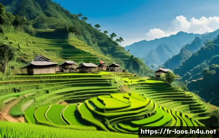 라오스 소수 민족 - A traditional Hmong village scene on steep mountain slopes in northern Laos, showcasing wooden and b...
