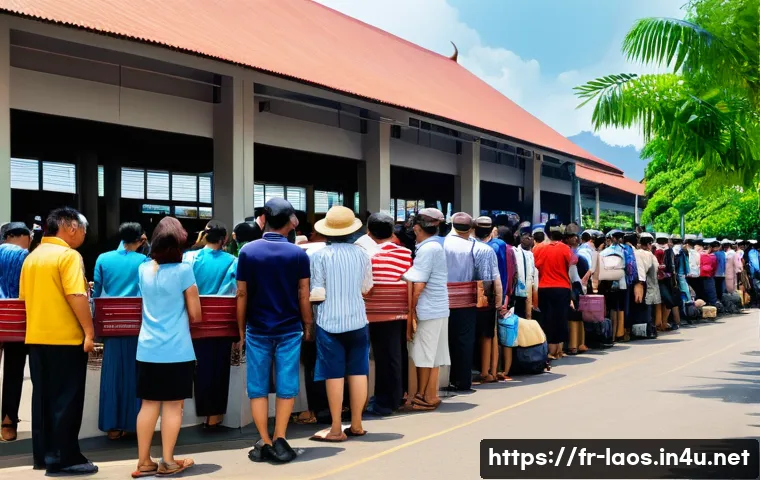 라오스 입국 심사 - A busy international border crossing between Thailand and Laos during daytime, showing diverse trave...