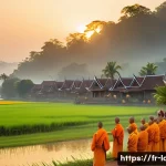 Home 19 라오스 유명 작가 - A serene traditional Laotian village scene during a Buddhist ceremony at dawn, with monks in saffron...