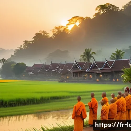 Home 31 라오스 유명 작가 - A serene traditional Laotian village scene during a Buddhist ceremony at dawn, with monks in saffron...