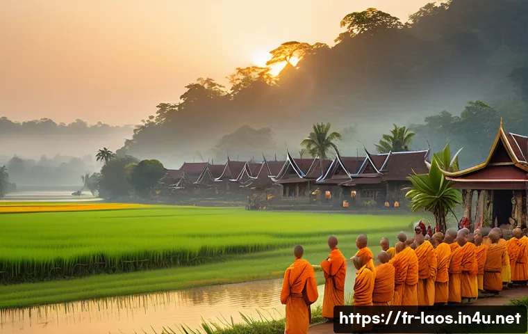 라오스 유명 작가 - A serene traditional Laotian village scene during a Buddhist ceremony at dawn, with monks in saffron...