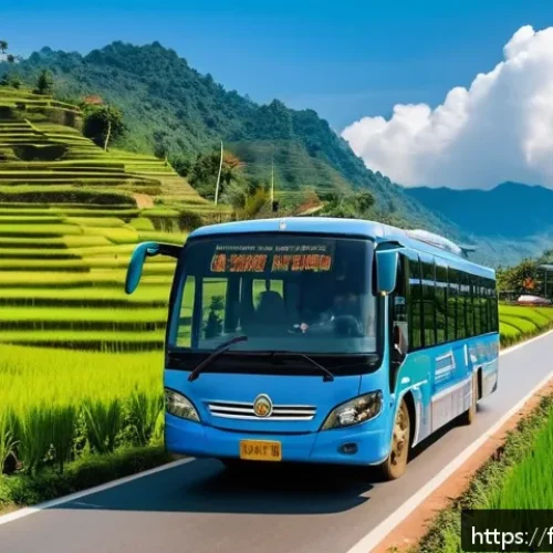 Home 30 라오스 고속버스 노선 - A modern express bus traveling through the lush green rice terraces and majestic mountains of northe...