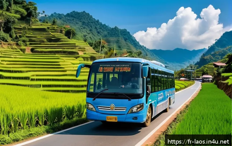 라오스 고속버스 노선 - A modern express bus traveling through the lush green rice terraces and majestic mountains of northe...