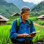 Home 23 라오스 경찰 신고 방법 - A detailed scene of a French-speaking tourist in Laos making an emergency call from a mobile phone i...