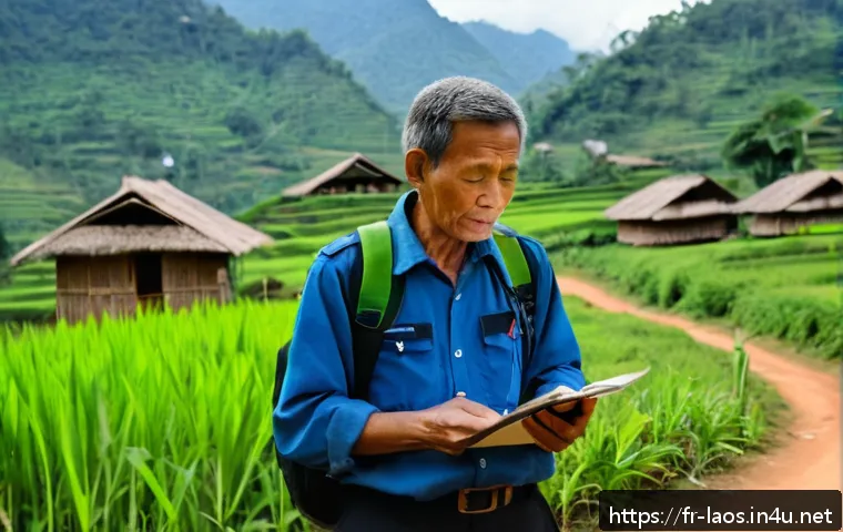 라오스 경찰 신고 방법 - A detailed scene of a French-speaking tourist in Laos making an emergency call from a mobile phone i...