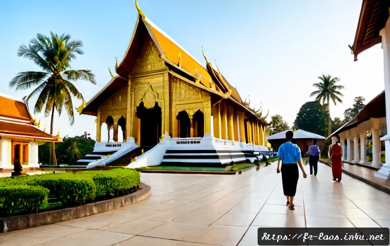라오스 팍세 여행지 - Photorealistic travel scene of Wat Luang temple in Pakse, Laos, elegant golden Buddhist architecture...