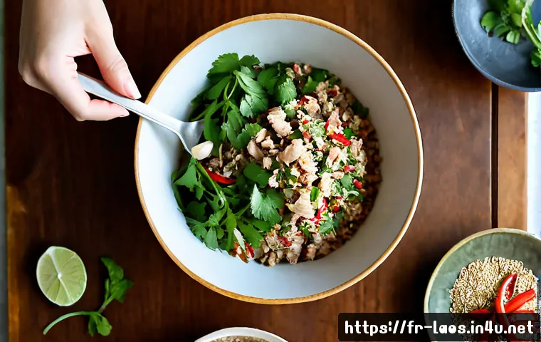라오스 전통 음식 레시피 - Photorealistic overhead culinary scene of preparing traditional Lao larb in a bright French home kit...