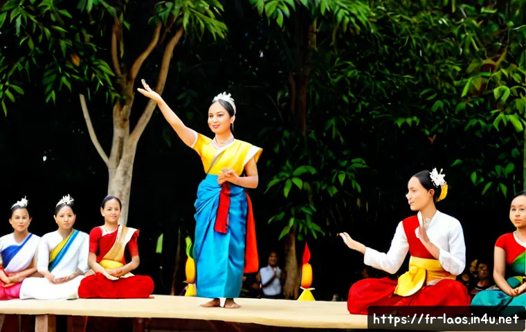 라오스 예술 축제 - Photorealistic outdoor Lao arts festival at golden hour, elegant traditional dancers in colorful sin...