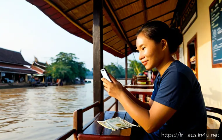 라오스에서의 인터넷 사용법 - Photorealistic travel scene in Vientiane, Laos: a French-speaking tourist seated at a quiet riversid...